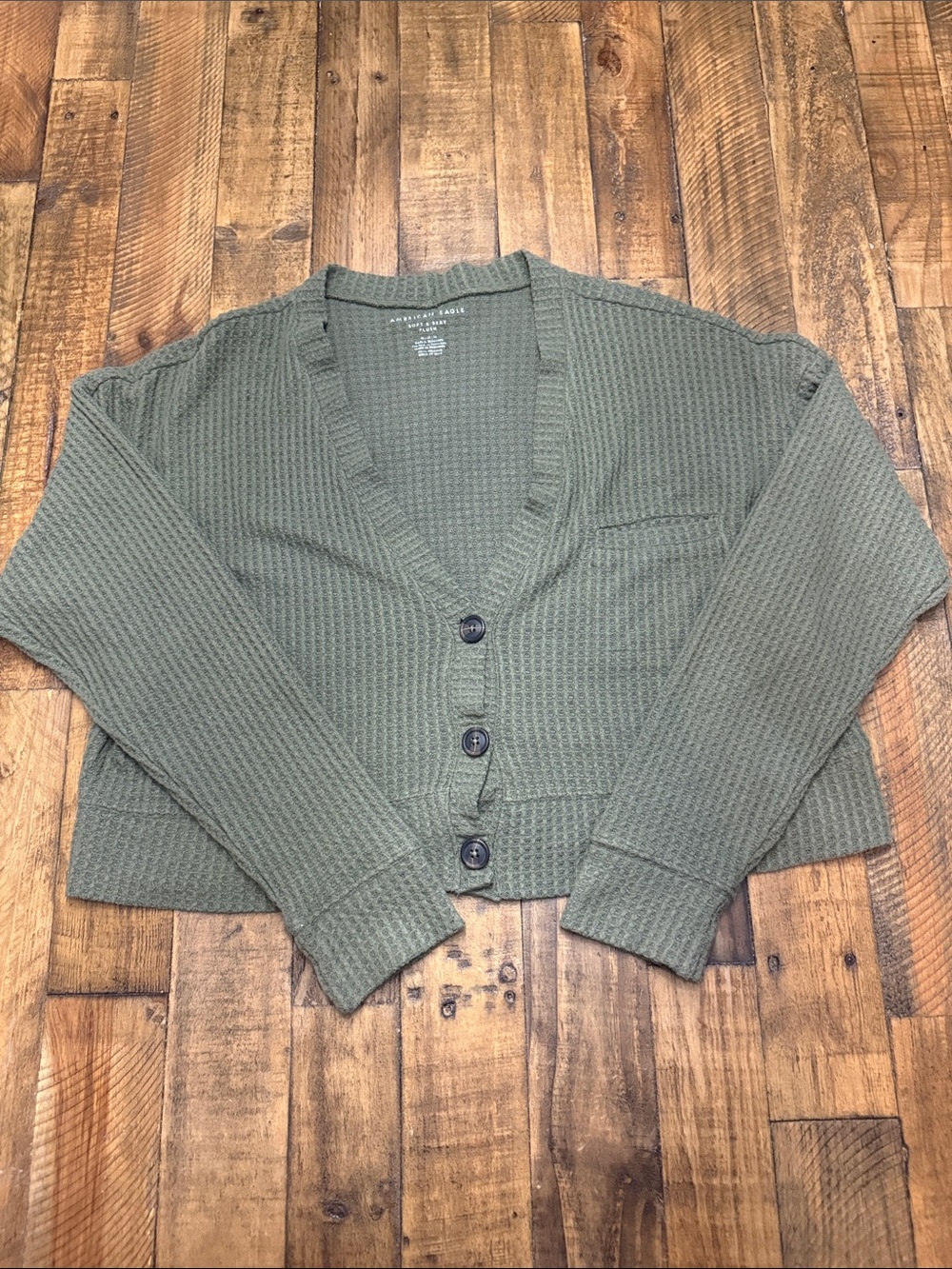 American Eagle Soft & Sexy Plush Waffle Knit Cardigan Olive Green Medium